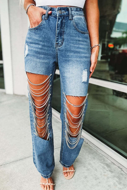 Street Solid Ripped Chains Loose Denim Jeans