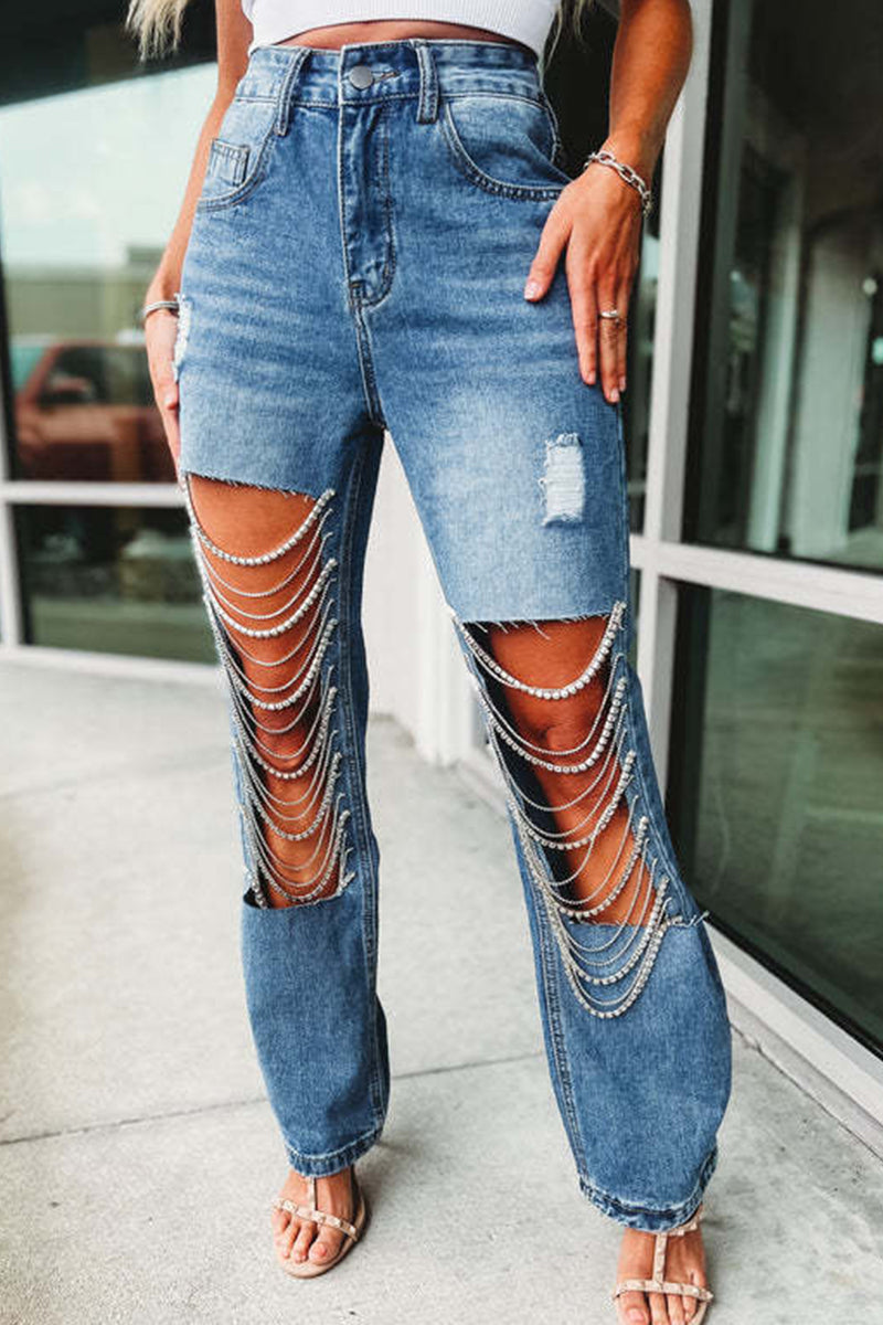 Street Solid Ripped Chains Loose Denim Jeans