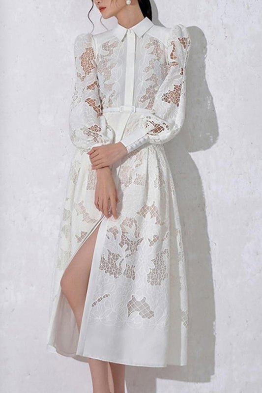 Elegant Solid Embroidered Hollowed Out Turndown Collar A Line Dresses