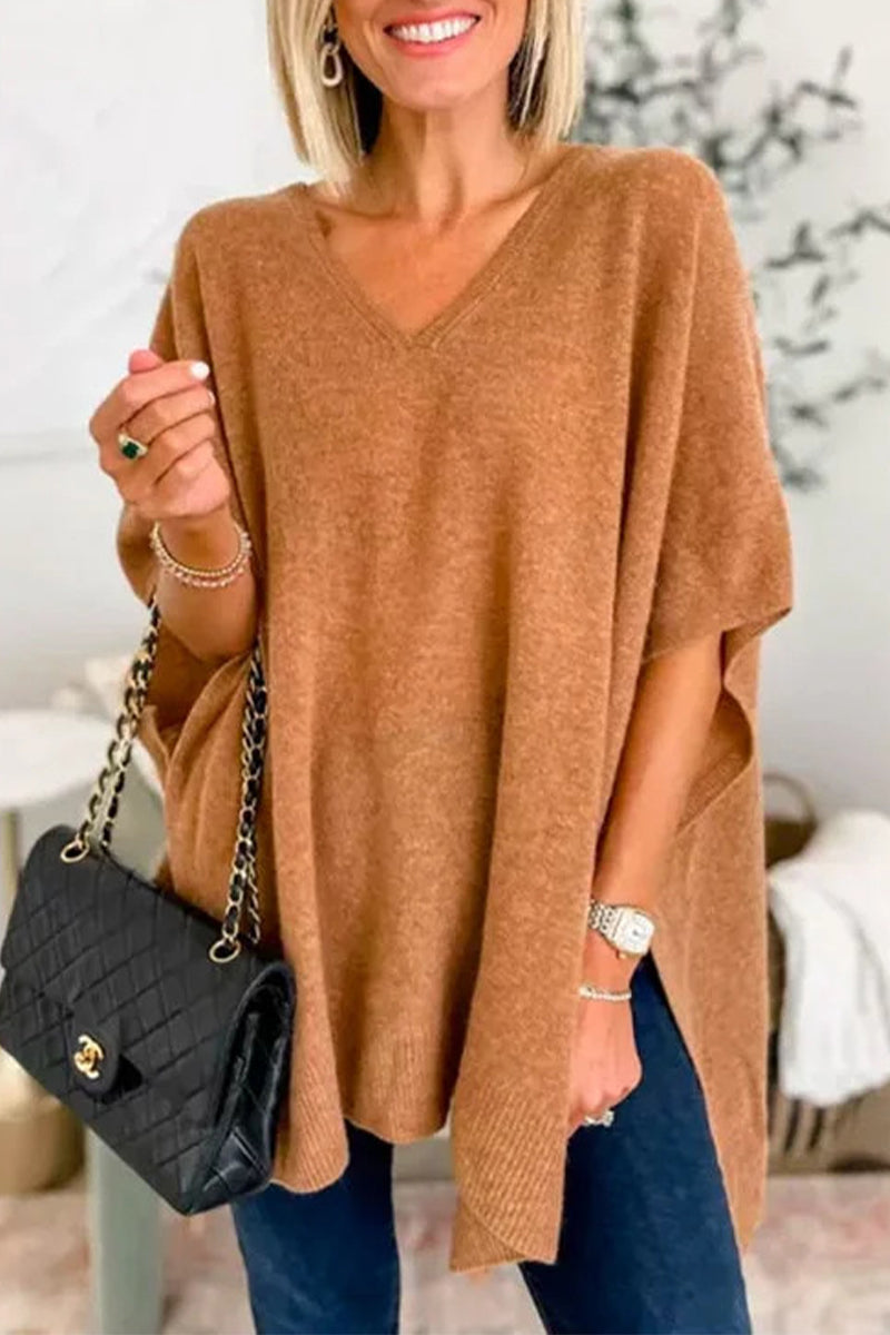 Casual Simplicity Solid Slit V Neck Sweaters(10 Colors)