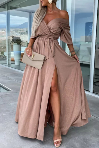 Elegant Solid Slit V Neck A Line Dresses