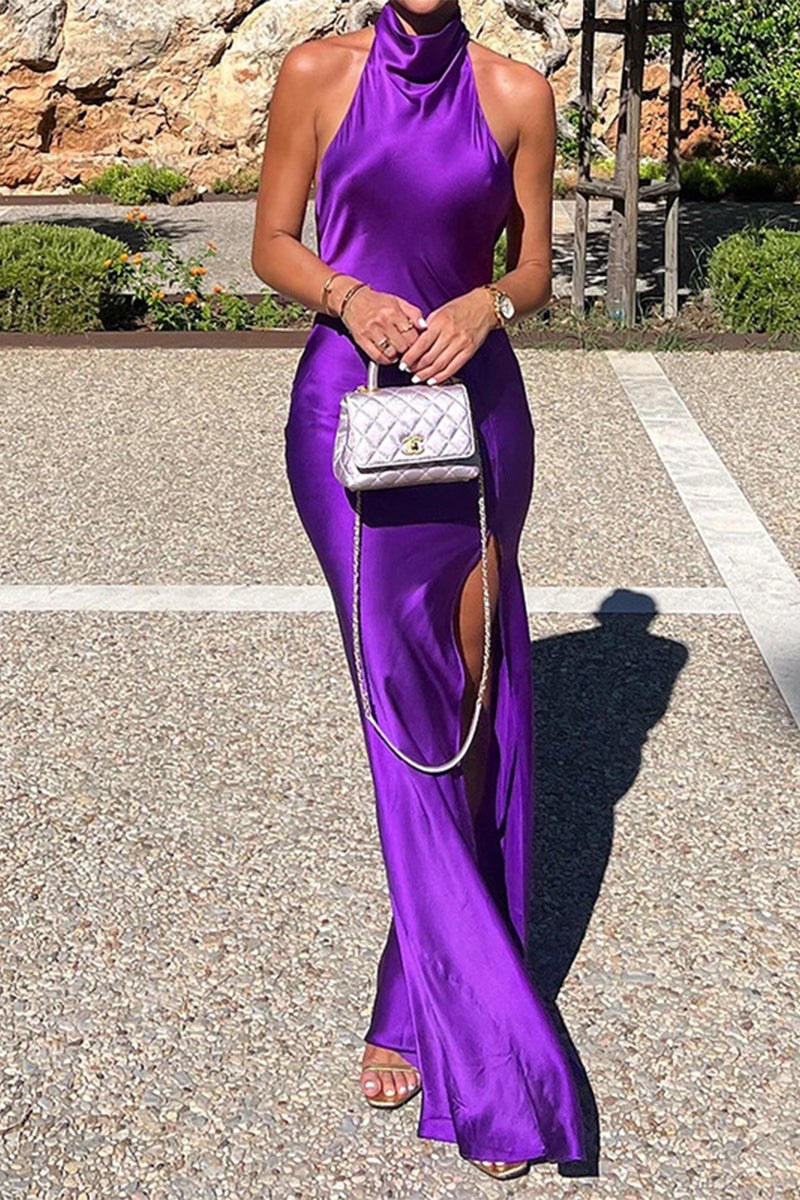 Sexy Celebrities Solid Backless Slit Halter Dresses Sunnylula