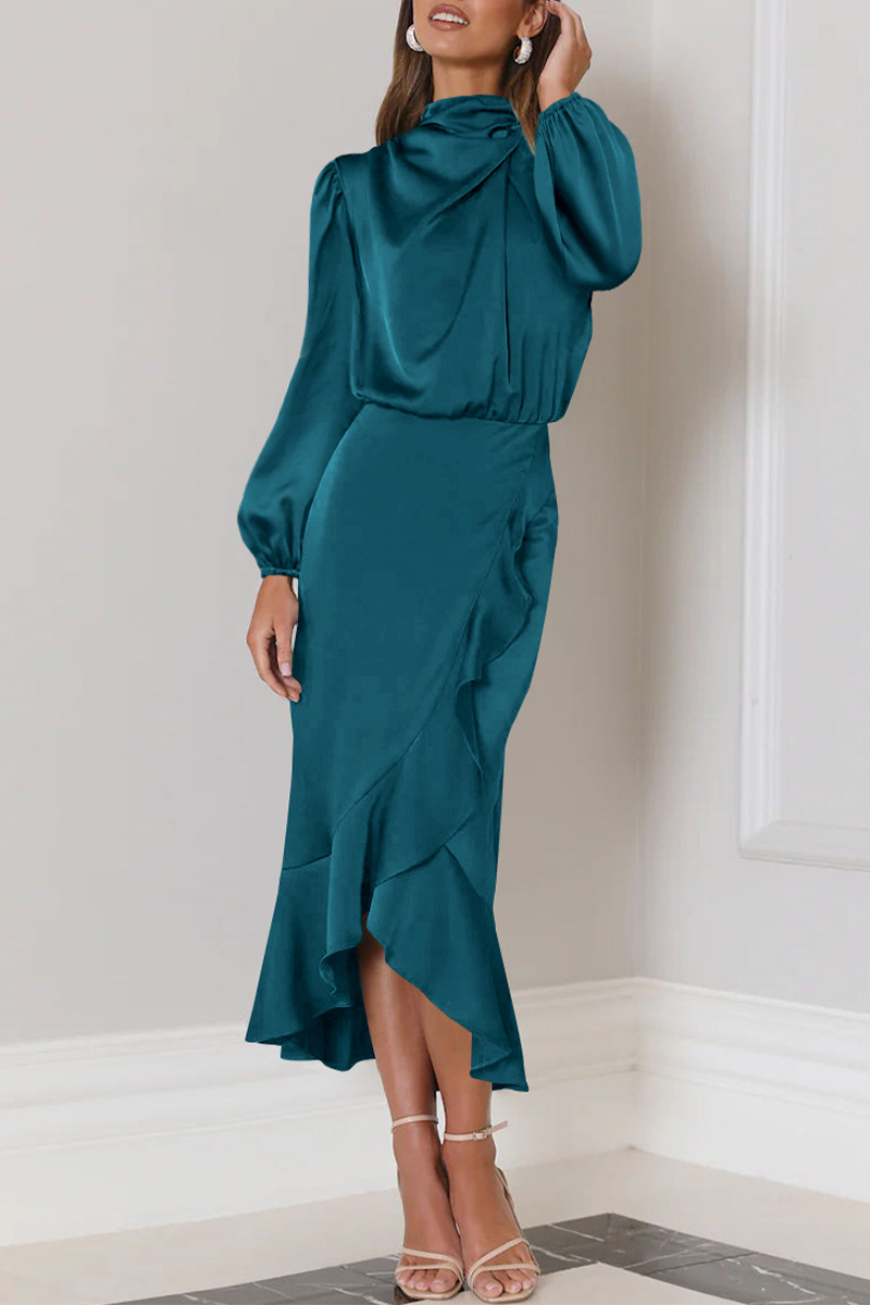 Elegant Solid Flounce Fold Turtleneck Evening Dress Dresses(6 Colors)