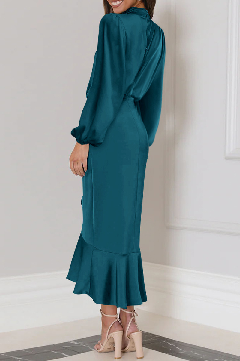 Elegant Solid Flounce Fold Turtleneck Evening Dress Dresses(6 Colors)