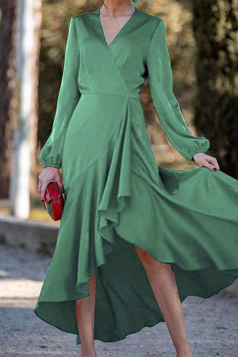 Elegant Solid Flounce V Neck A Line Dresses