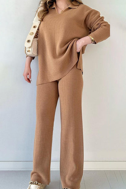 Casual Simplicity Solid Slit Turndown Collar Long Sleeve Two Pieces(5 Colors)