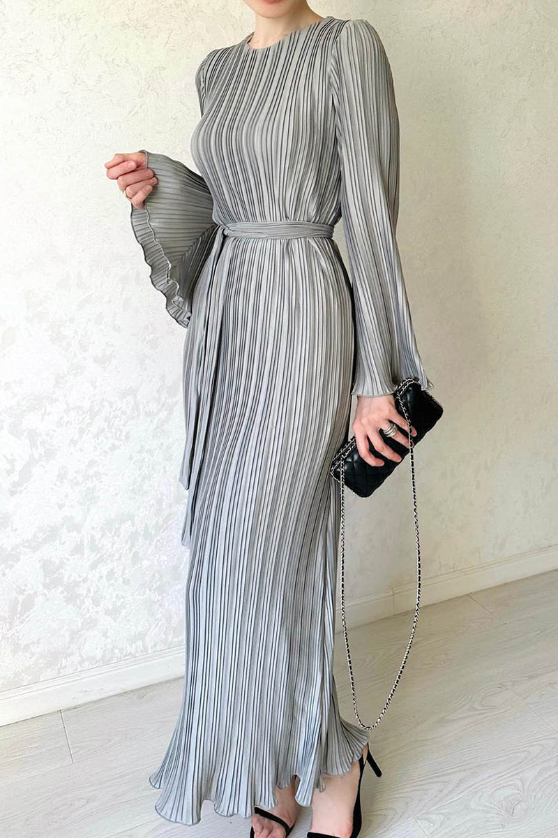 Street Solid Patchwork Pleated O Neck Long Dress Dresses(4 Colors)