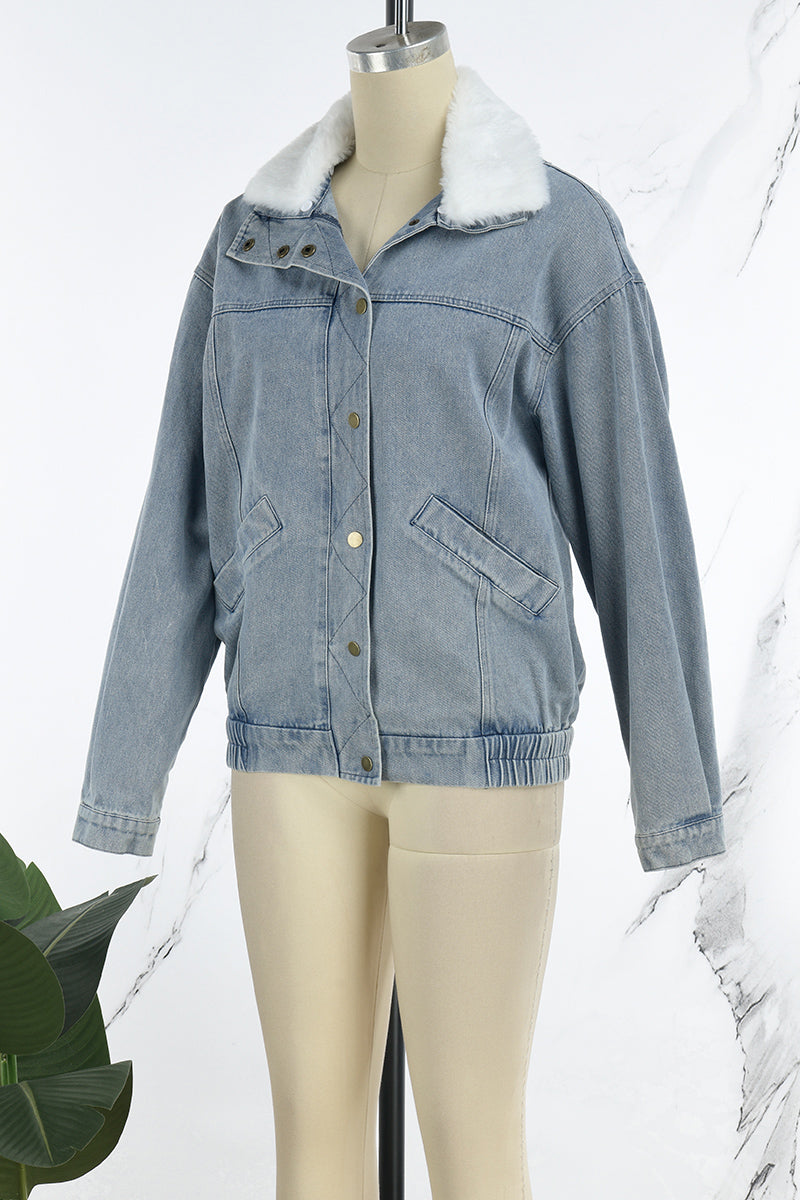 Casual Solid Patchwork Turndown Collar Long Sleeve Regular Denim Jacket