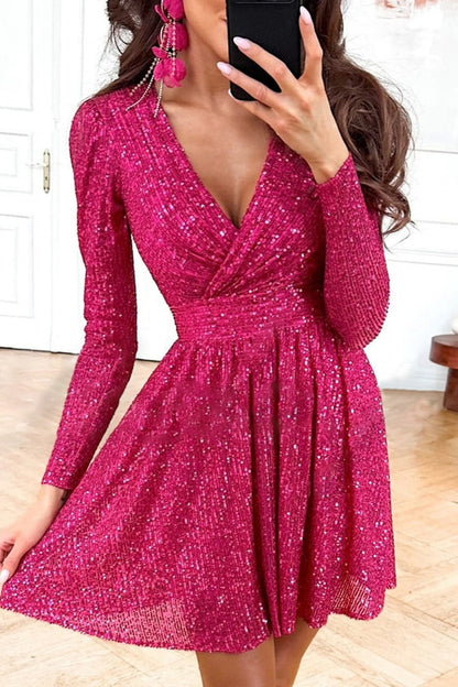 Elegant Solid Sequins Sequined V Neck Long Sleeve Dresses