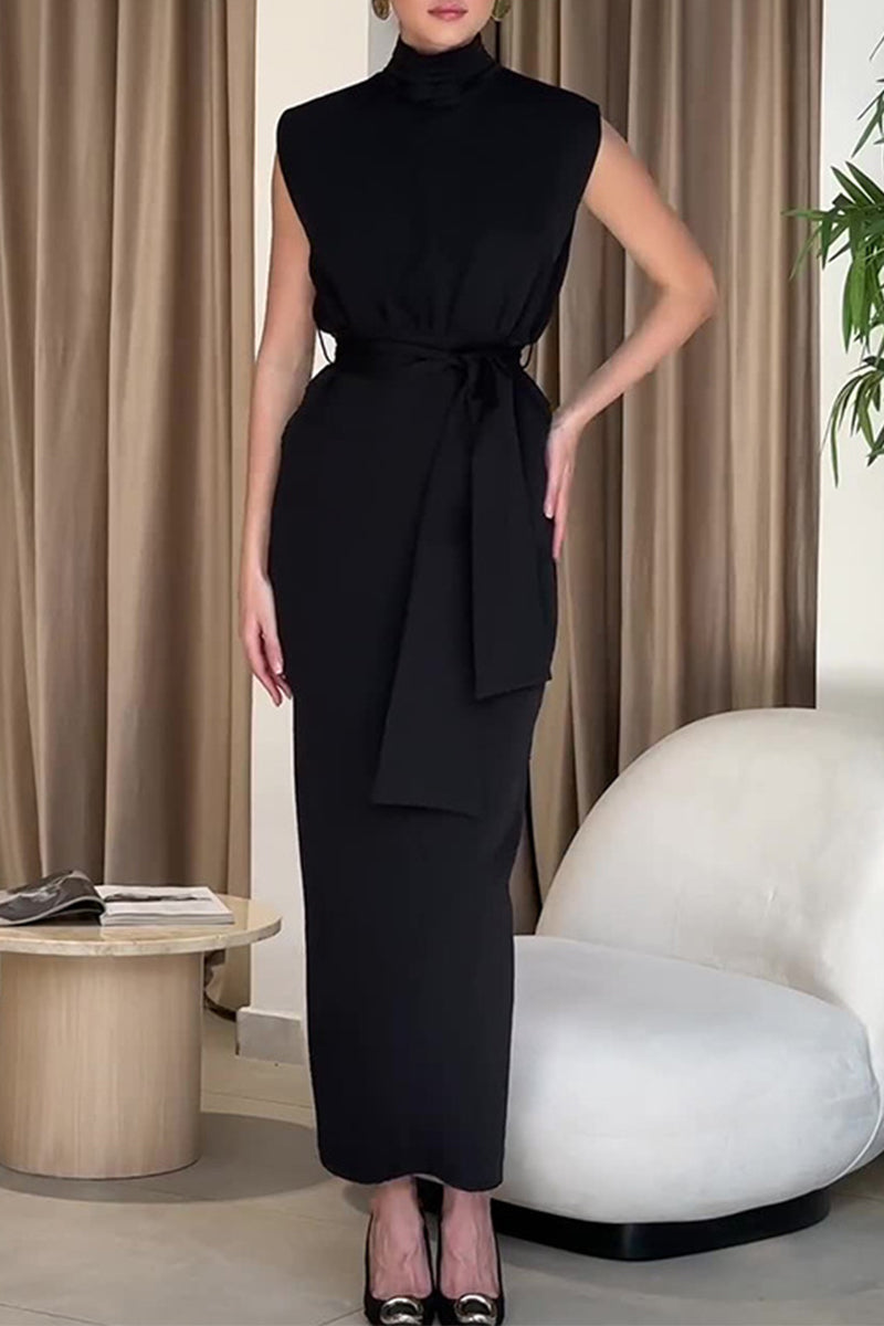 Elegant Solid Slit With Belt Half A Turtleneck One Step Skirt Dresses