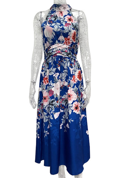 Vintage Elegant Flowers Fruit printing Fold Halter Printed Dress Dresses