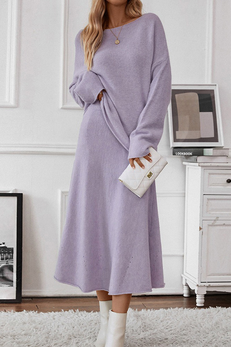 Elegant Solid O Neck Long Sleeve Two Pieces(4 Colors)