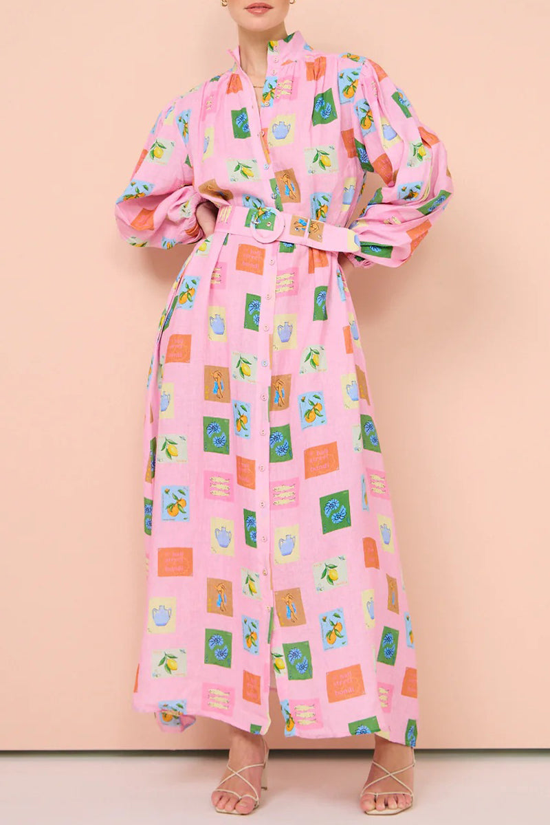 Casual Cartoon Print Pocket With Belt Half A Turtleneck Shirt Dress Dresses