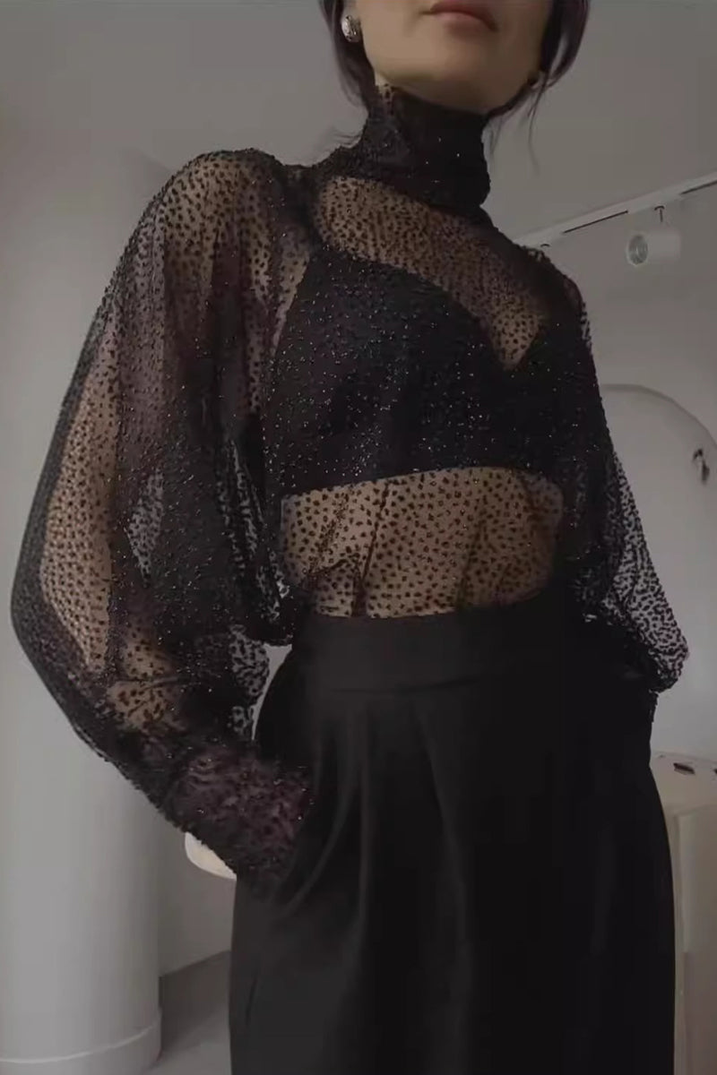 Sexy Solid See-through Sequined Turtleneck Tops