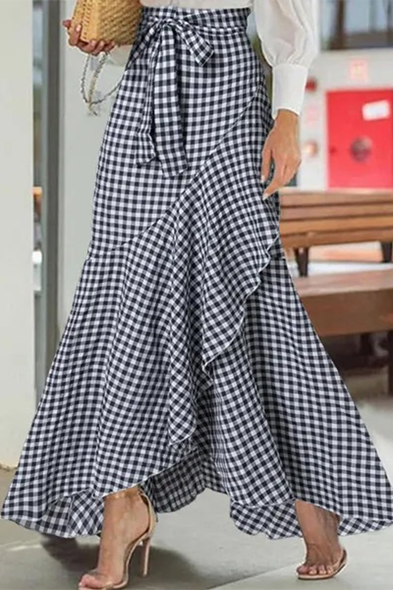 Sweet Elegant Plaid Flounce High Waist Type A Full Print Bottoms