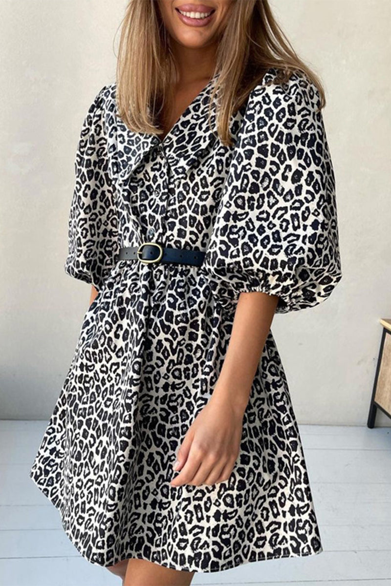 Casual Vintage Print Leopard With Belt Without Belt Turndown Collar Printed Dress Dresses