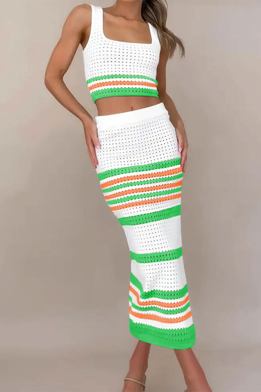 Sexy Striped Hollowed Out Weave Square Collar Sleeveless Two Pieces