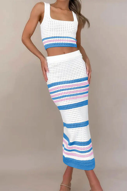 Sexy Striped Hollowed Out Weave Square Collar Sleeveless Two Pieces