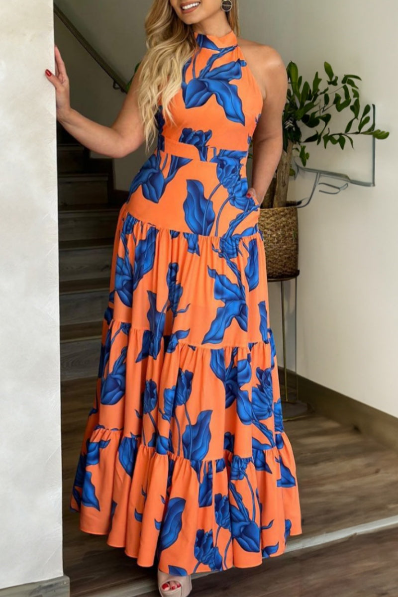 Casual Print Backless Halter Long Dress Dresses