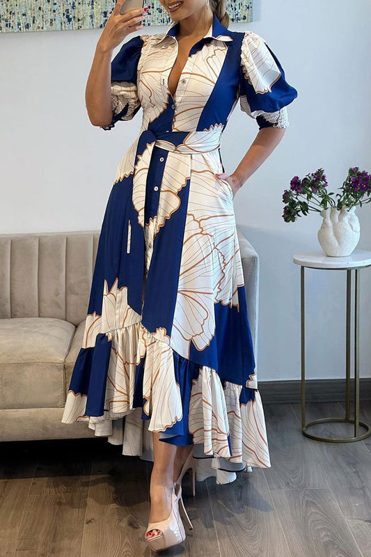 Casual Print Asymmetrical Turndown Collar Long Dress Dresses