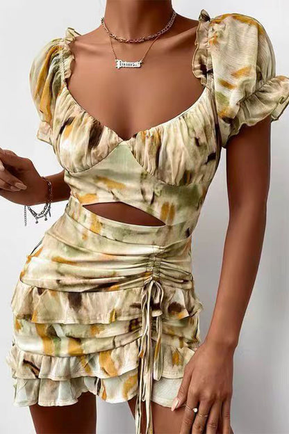 Sexy Floral Draw String Flounce V Neck Irregular Dresses(3 Colors)