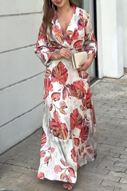 Casual Print Patchwork V Neck Long Dresses