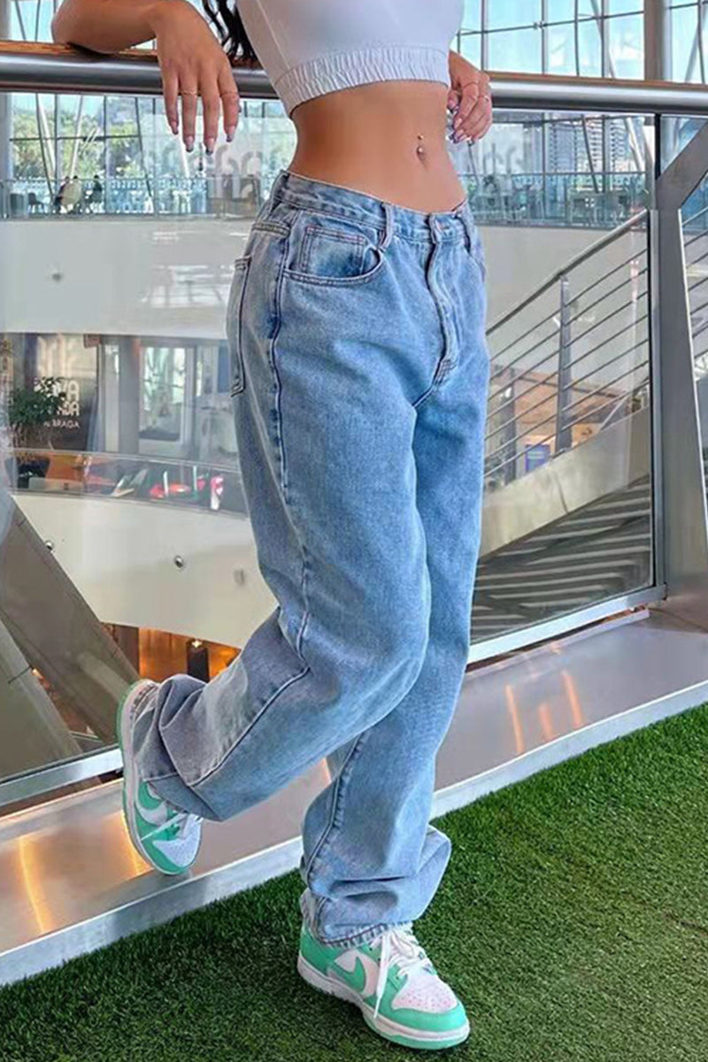 Casual Solid Make Old High Waist Loose Denim Jeans