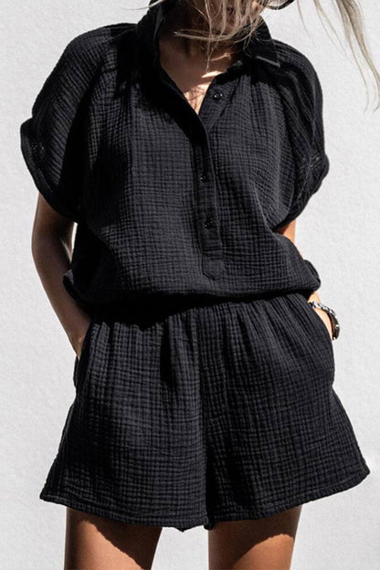 Casual Simplicity Solid Pocket Buttons Turndown Collar Short Sleeve Two Pieces