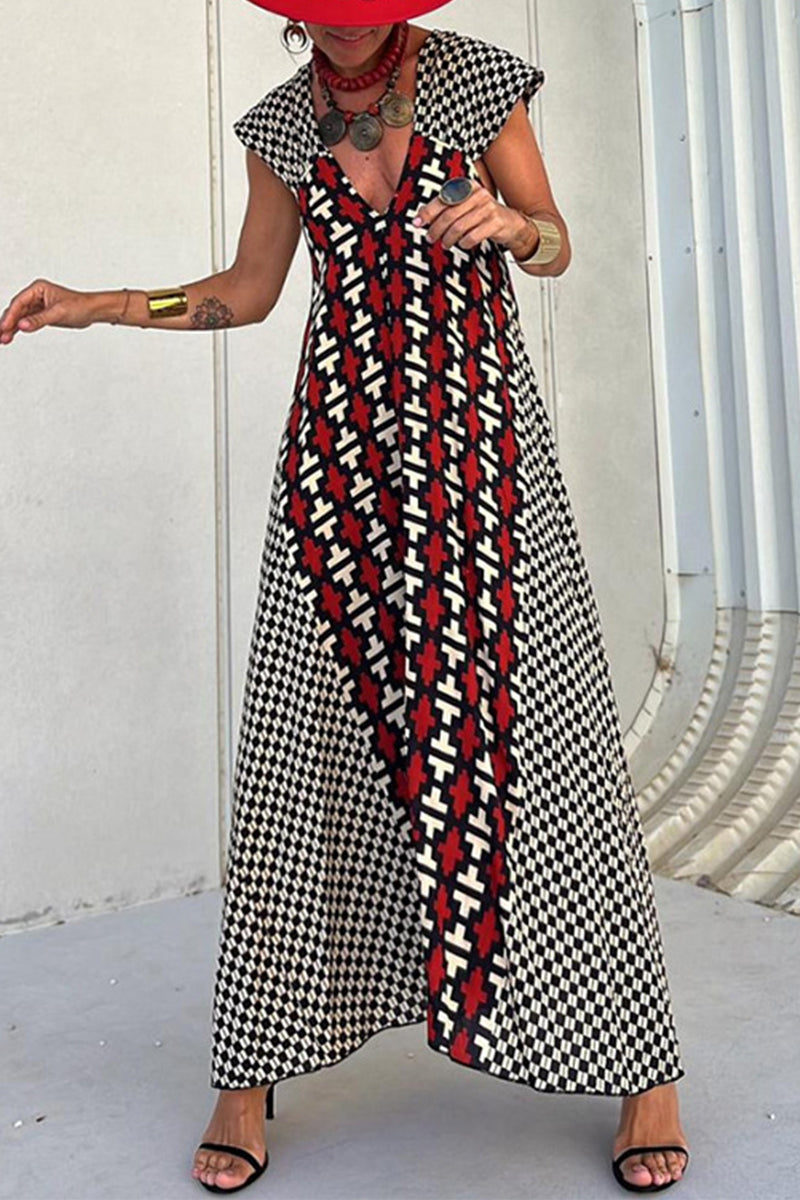 Casual Vintage Geometric Print Ripple Backless Asymmetrical V Neck Printed Dresses