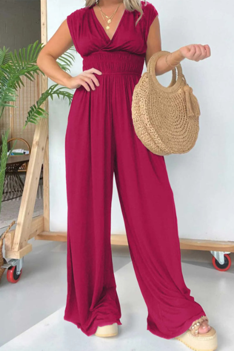 Casual Solid Fold V Neck Loose Jumpsuits