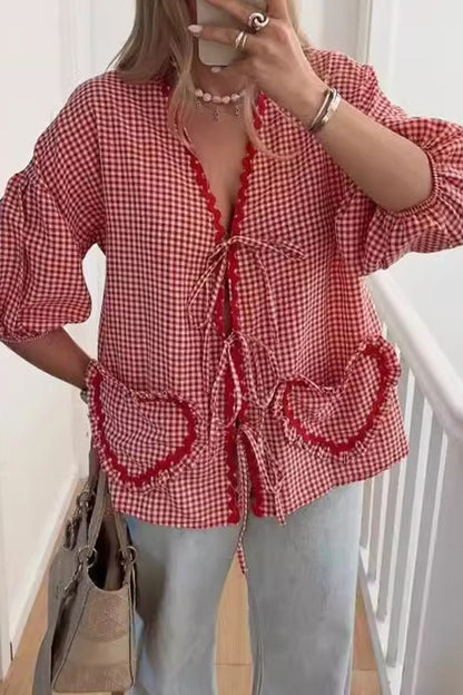 Sweet Plaid Heart Shaped Frenulum Contrast V Neck Tops