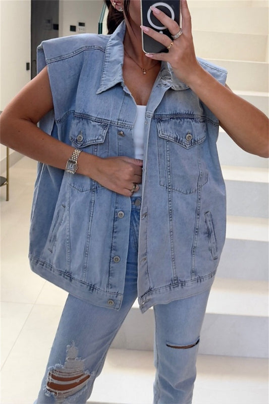 Casual Solid Patchwork Turndown Collar Sleeveless Regular Denim Jacket