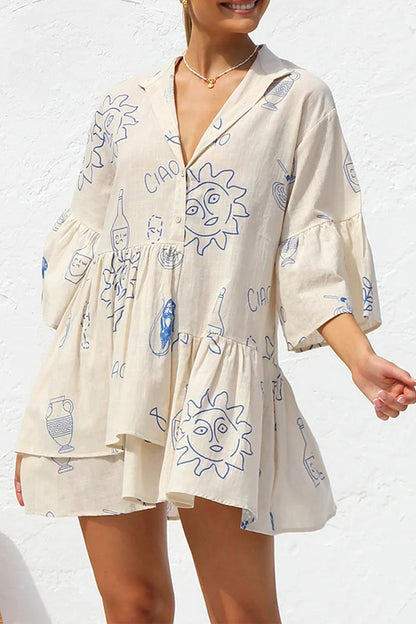 Casual Character Print Fold Turndown Collar Irregular Dresses