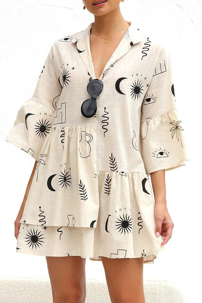 Casual Character Print Fold Turndown Collar Irregular Dresses