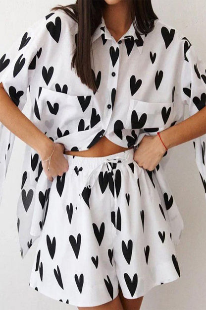 Casual Print Heart Shaped Pocket Turndown Collar Long Sleeve Two Pieces