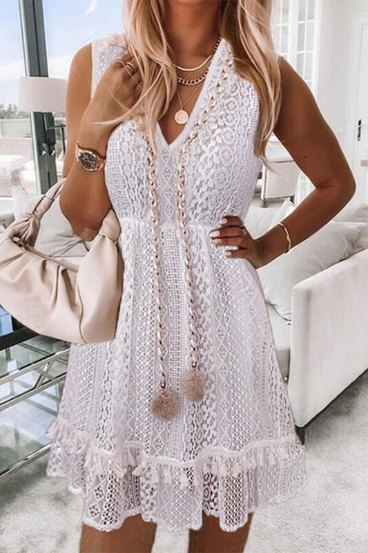 Sweet Elegant Solid Lace Hollowed Out V Neck Sleeveless Dresses(No rope)