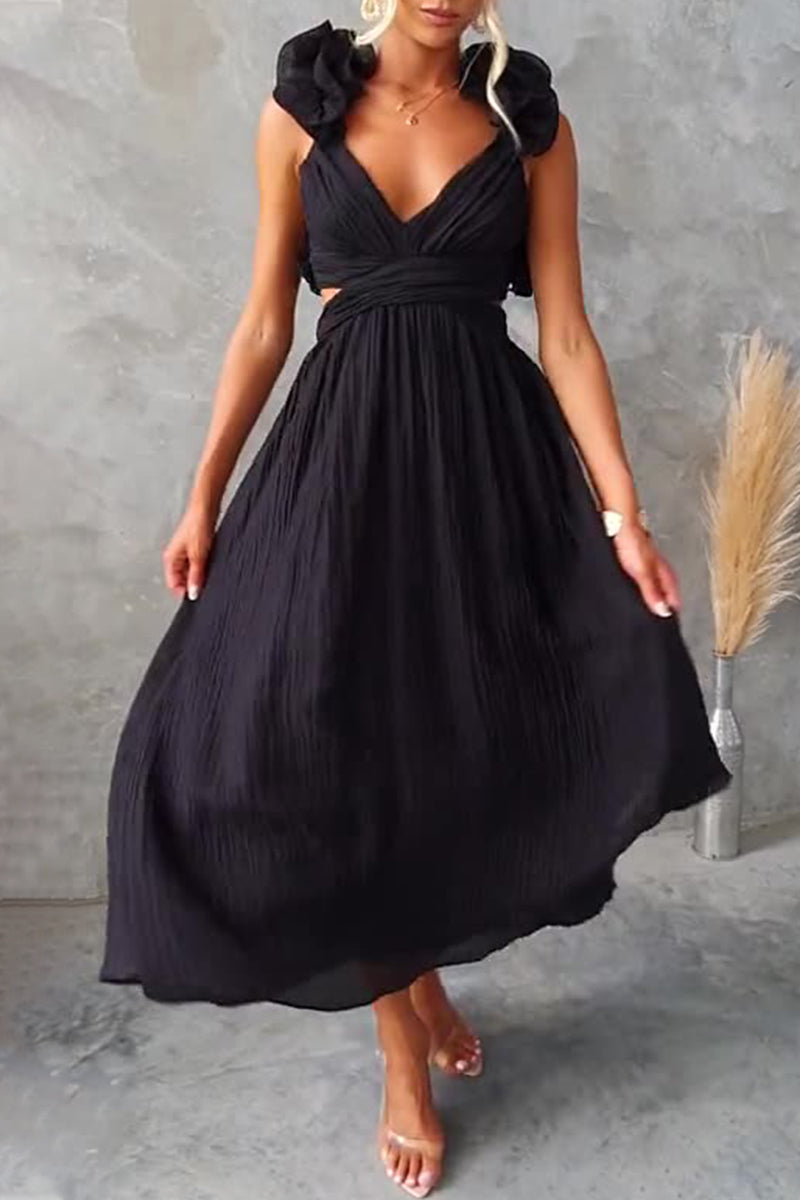 Sweet Elegant Solid Backless Strap Design V Neck A Line Dresses