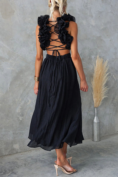 Sweet Elegant Solid Backless Strap Design V Neck A Line Dresses