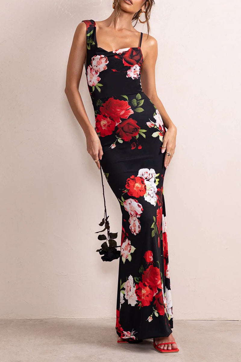 Sexy Vintage Floral Backless Asymmetrical U Neck One Step Skirt Dresses