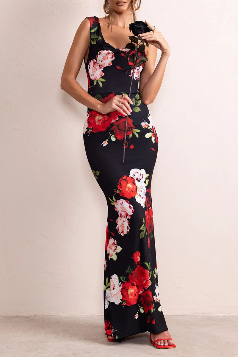 Sexy Vintage Floral Backless Asymmetrical U Neck One Step Skirt Dresses