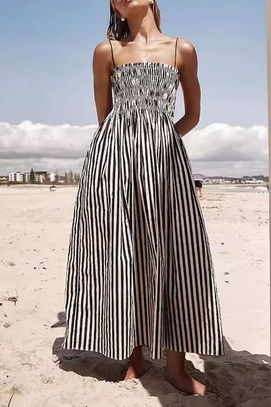 Casual Striped Pocket Fold Sling Dresses