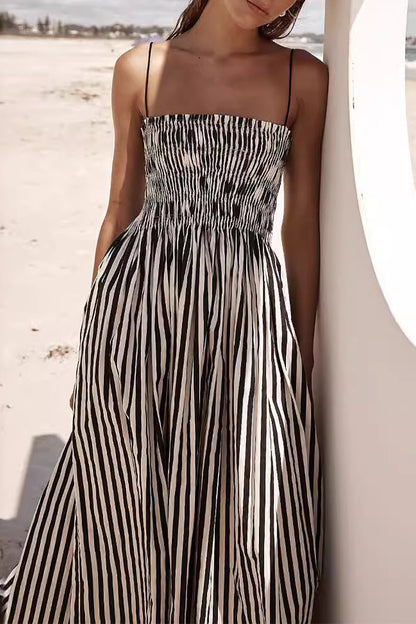 Casual Striped Pocket Fold Sling Dresses