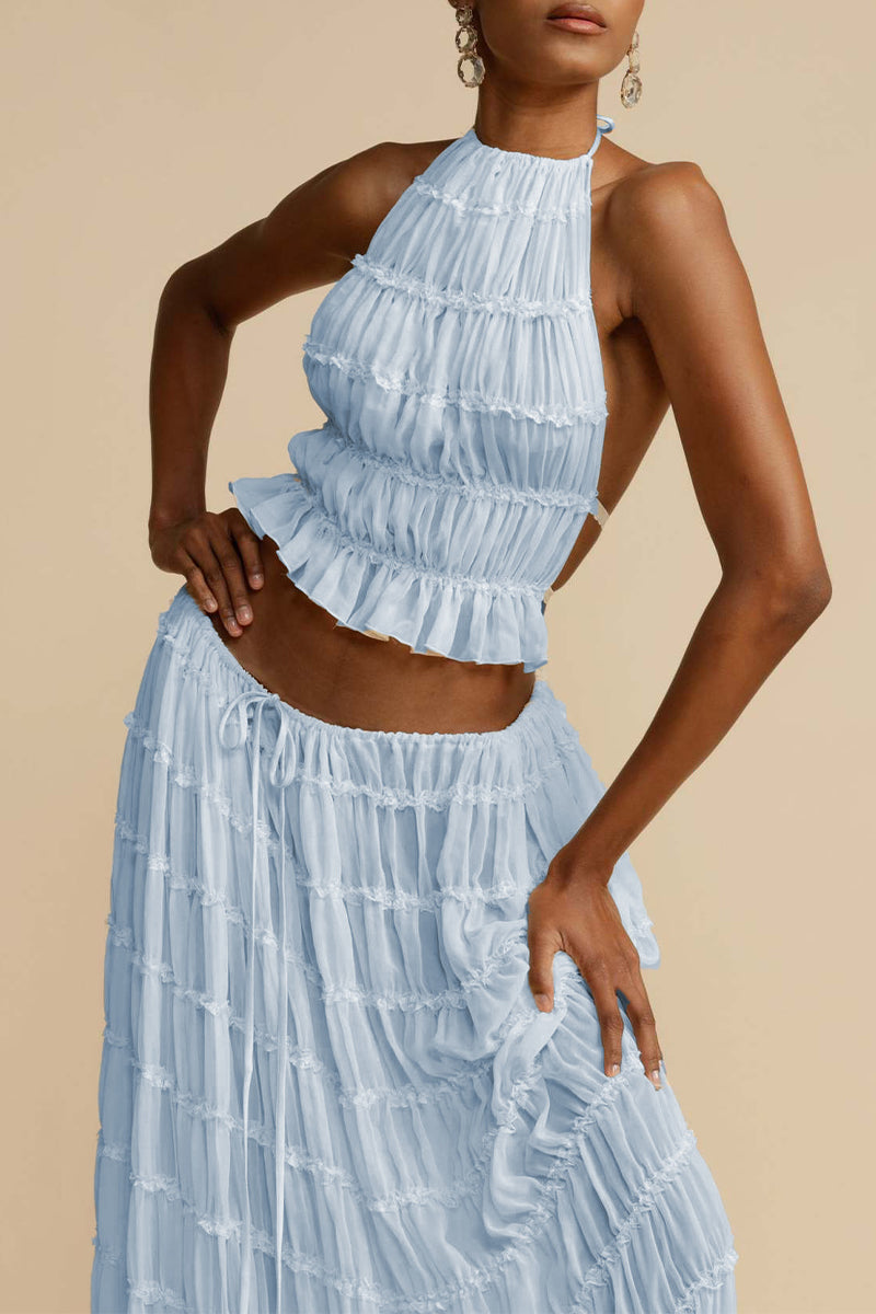 Sexy Vacation Solid Backless Fold Halter Sleeveless Two Pieces