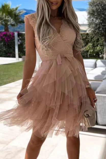 Sweet Solid Lace Asymmetrical Mesh V Neck Princess Dresses