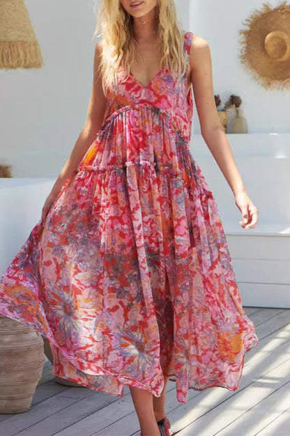 Casual Floral Fold V Neck Sleeveless Dresses