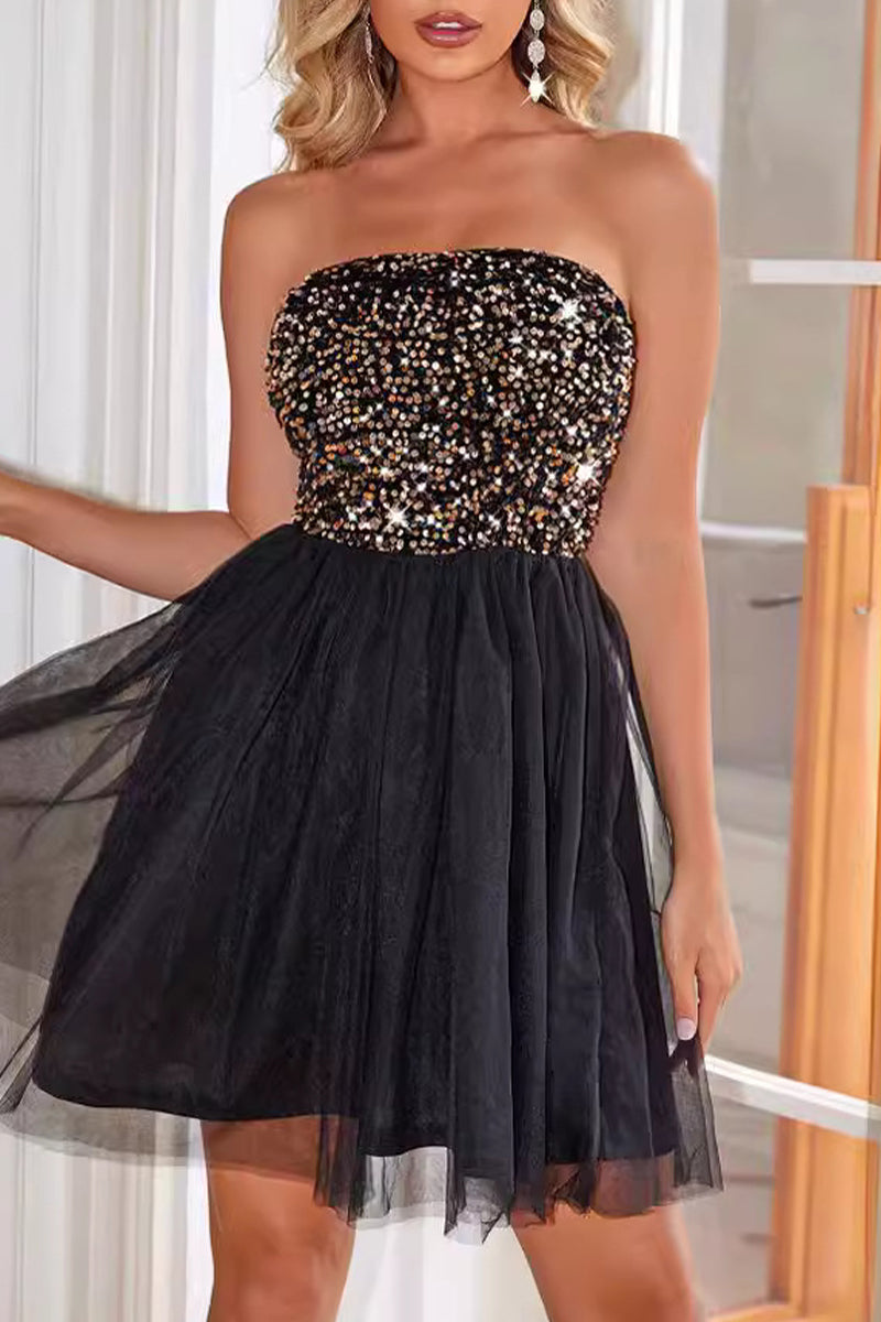Sexy Party Solid Sequins Mesh Strapless Ball Gown Dresses