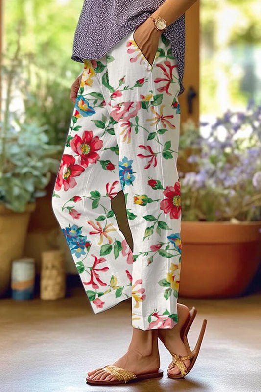 Casual Floral Patchwork Loose Mid Waist Straight Full Print BottomsI6 Colors)