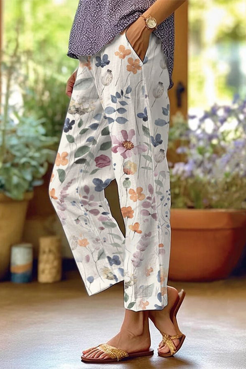 Casual Floral Patchwork Loose Mid Waist Straight Full Print BottomsI6 Colors)