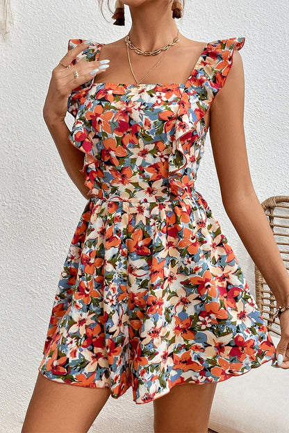 Elegant Floral Frenulum Backless Flounce Square Collar Loose Rompers(4 Colors)