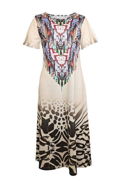 Casual Vintage National Totem Print Slit O Neck Short Sleeve Dresses(4 Colors)